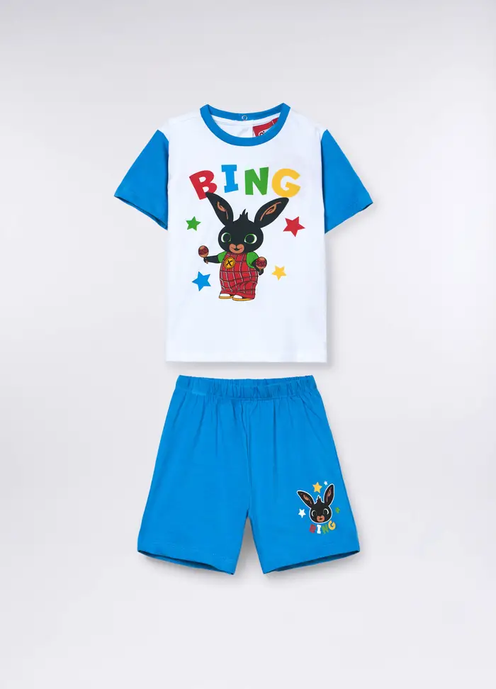 Blukids Set Pigiama Corto Sonic In Jersey Di Puro Cotone, Neonato, Bianco/Azzurro