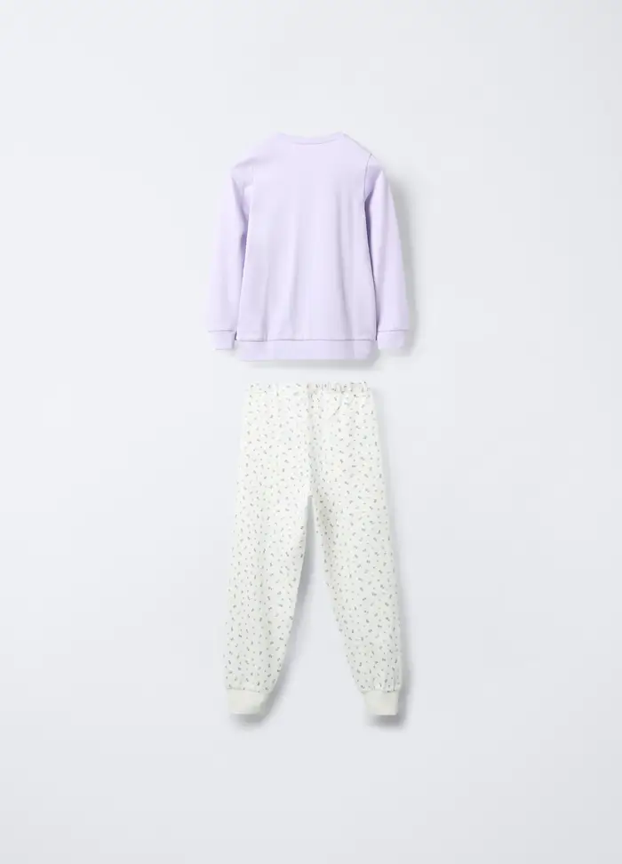 Blukids Set Pigiama Lungo In Interlock Di Puro Cotone Bambina, Bianco/Viola
