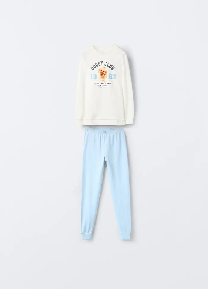 Blukids Set Pigiama Lungo In Interlock Di Puro Cotone Ragazza, Bambina, Bianco/Blu