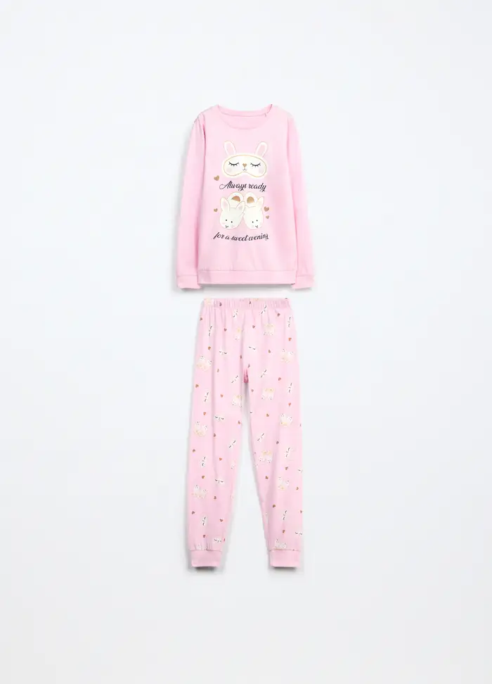 Blukids Set Pigiama Lungo In Jersey Di Puro Cotone Bambina, Rosa pastello