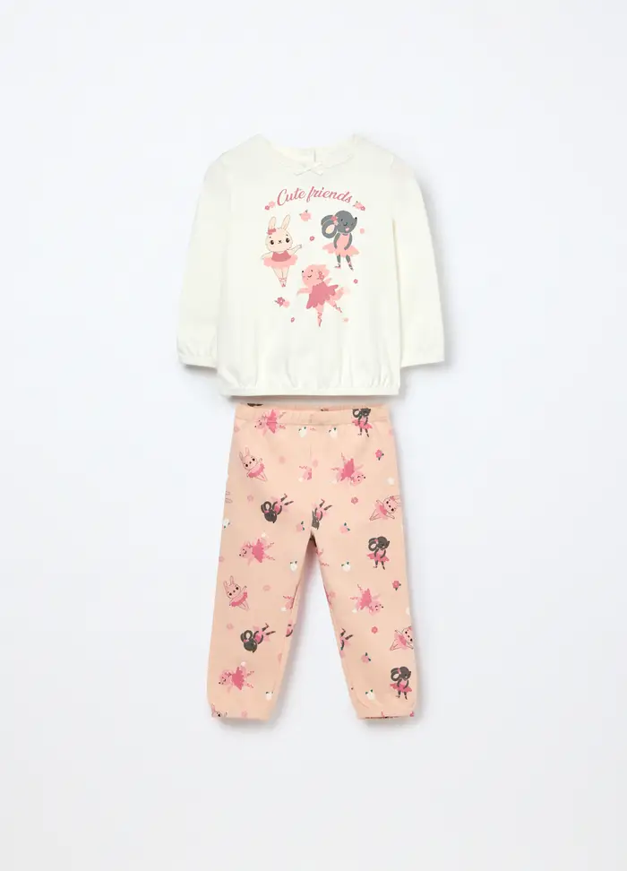 Blukids Set Pigiama Lungo In Jersey Di Puro Cotone Neonata, Bianco