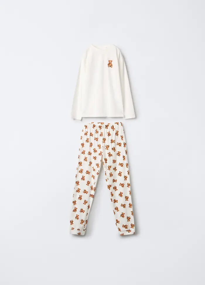 Blukids Set Pigiama Lungo In Jersey Di Puro Cotone Ragazza, Bambina, Bianco/Marrone