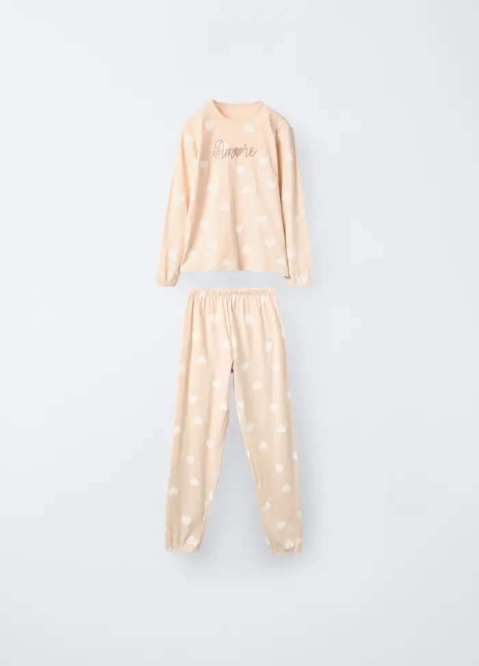 Set Pigiama Lungo In Jersey Di Puro Cotone Ragazza, Bambina, Rosa chiaro