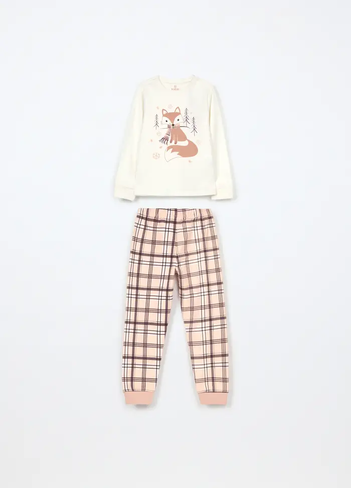 Blukids Set Pigiama Lungo In Puro Cotone Fleece Bambina, Bianco/Rosa