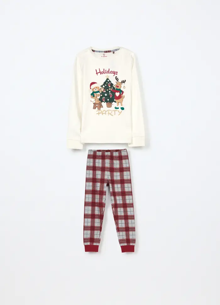 Blukids Set Pigiama Lungo In Puro Cotone Fleece Bambina, Bianco/Rosso