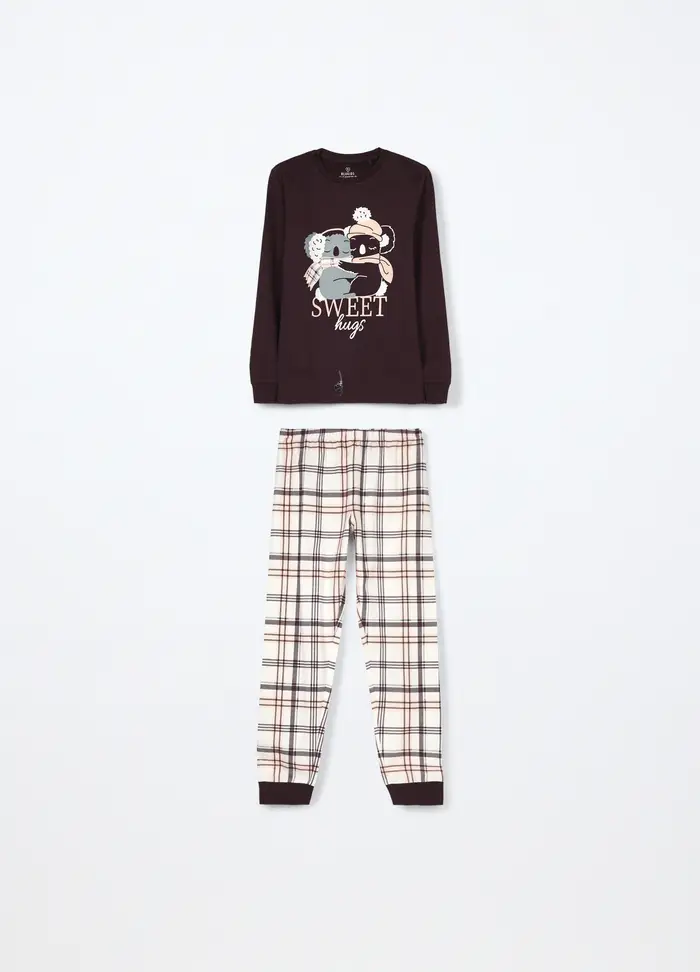 Blukids Set Pigiama Lungo In Puro Cotone Fleece Ragazza, Bambina, Marrone cioccolato
