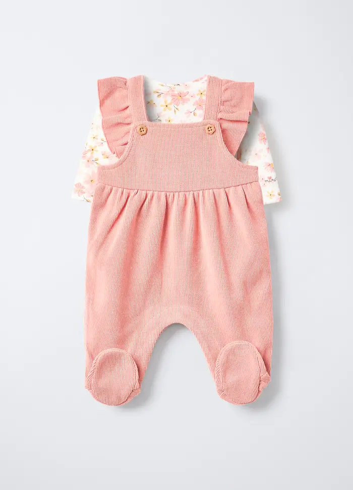 Set Salopette + T-shirt Floreale Neonata, Rosa corallo