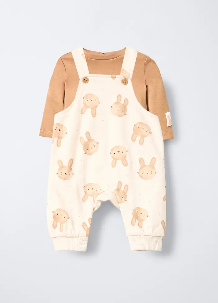 Set Salopette + T-shirt In Puro Cotone Garzato Neonato, Bianco avorio
