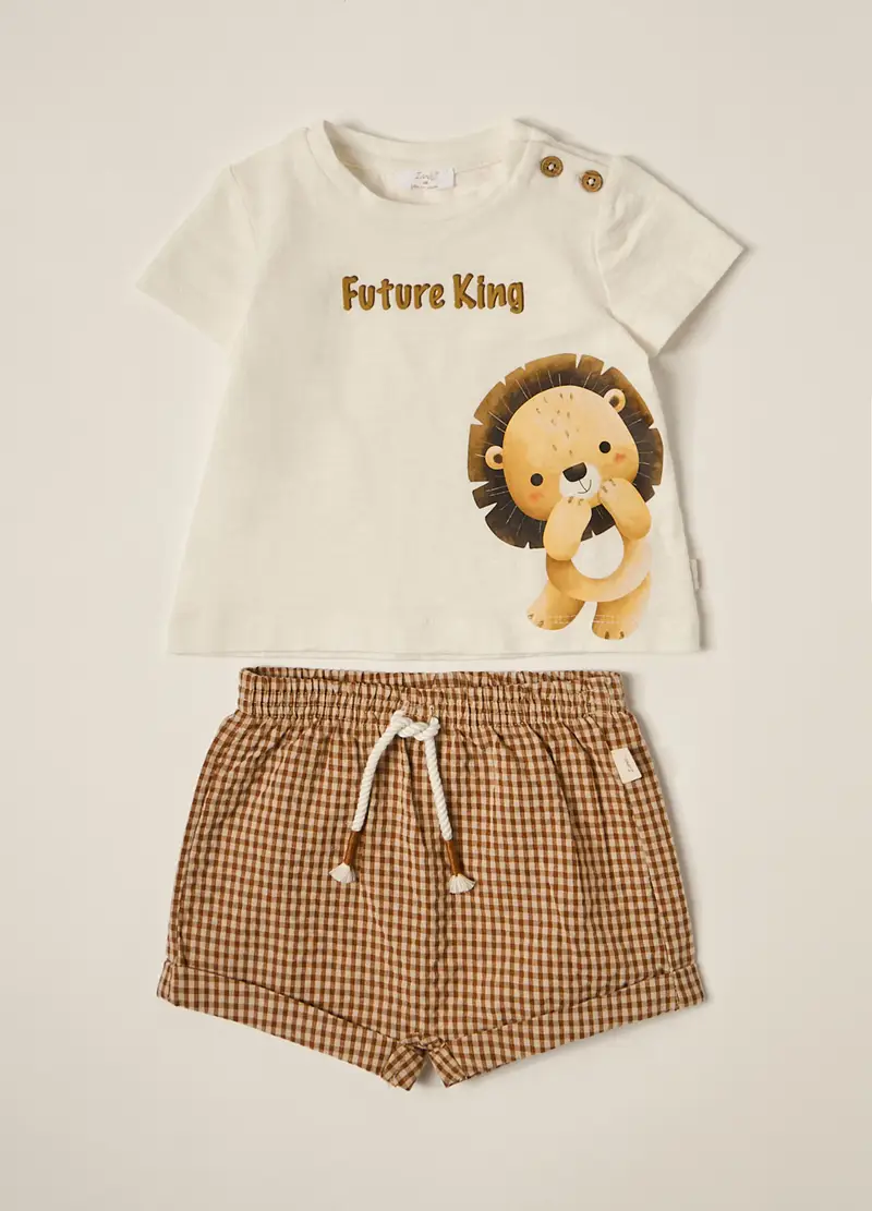 Blukids Set T-shirt E Shorts In Cotone Stretch Iana Neonato, Marrone chiaro, Taglia: 3