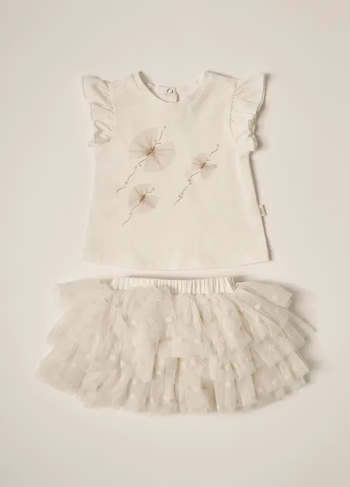 Blukids Set T-shirt + Gonna In Tulle Iana Neonata, Bianco gesso