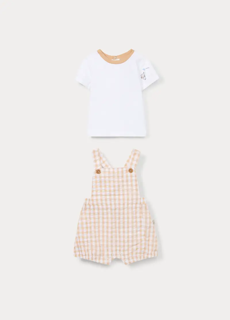 Blukids Set T-shirt + Salopette In Puro Cotone Neonato, Bianco/Beige