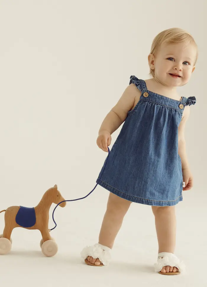 Blukids Set Vestito + Shorts In Denim Di Puro Cotone Iana Neonata, Blu denim