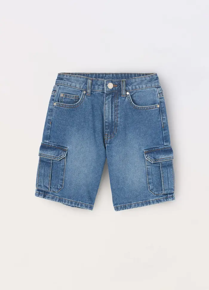 Blukids Shorts Cargo In Denim Di Puro Cotone Ragazza, Bambina, Blu denim