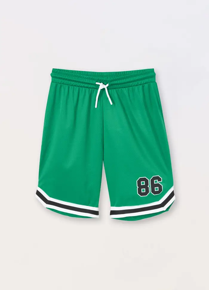 Shorts In Tessuto Mesh Con Stampa Ragazzo, Bambino, Verde foglia
