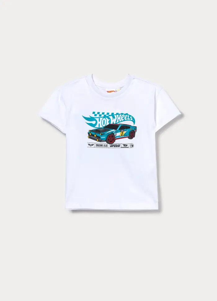 Blukids T-shirt Girocollo Hot Wheels In Jersey Di Puro Cotone Bambino, Bianco