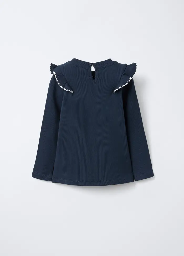 T-shirt In Costina Di Cotone Stretch Bimba, Bambina, Blu scuro