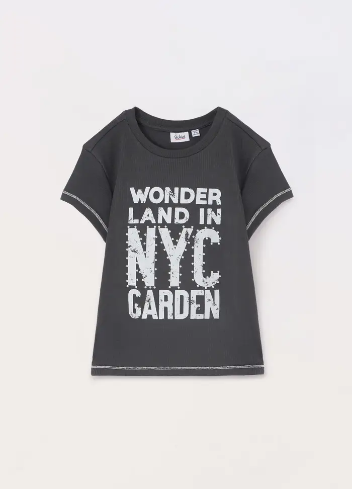 T-shirt In Costina Di Cotone Stretch Ragazza, Bambina, Grigio scuro