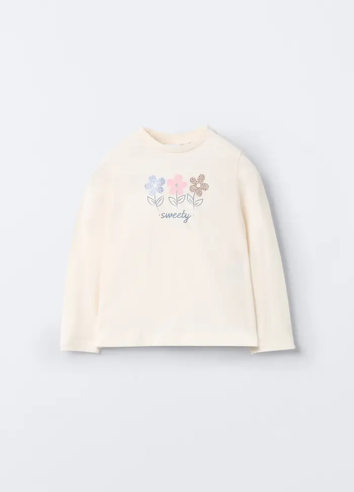 T-shirt In Jersey Di Puro Cotone Bambina, Bianco panna