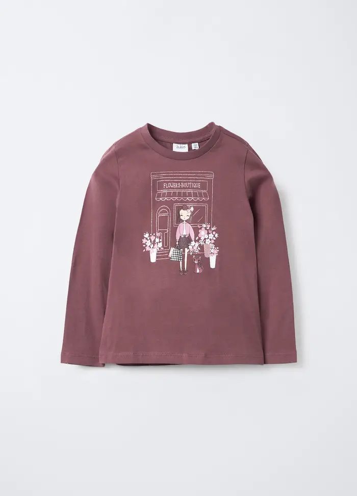 T-shirt In Jersey Di Puro Cotone Bambina, Viola vinaccia