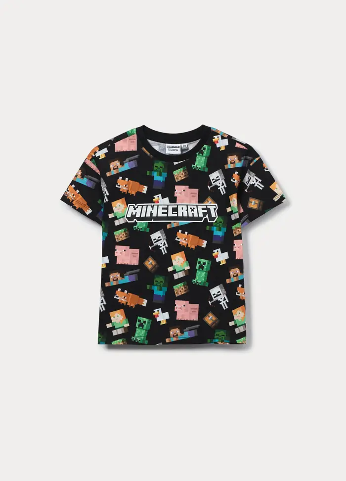 T-shirt Minecraft In Jersey Di Puro Cotone Bambino, Nero stampa 1