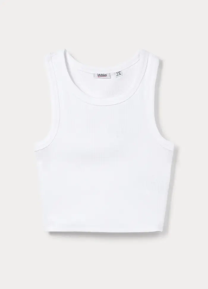 Top Fitted In Costina Stretch Ragazza, Bambina, Bianco gesso