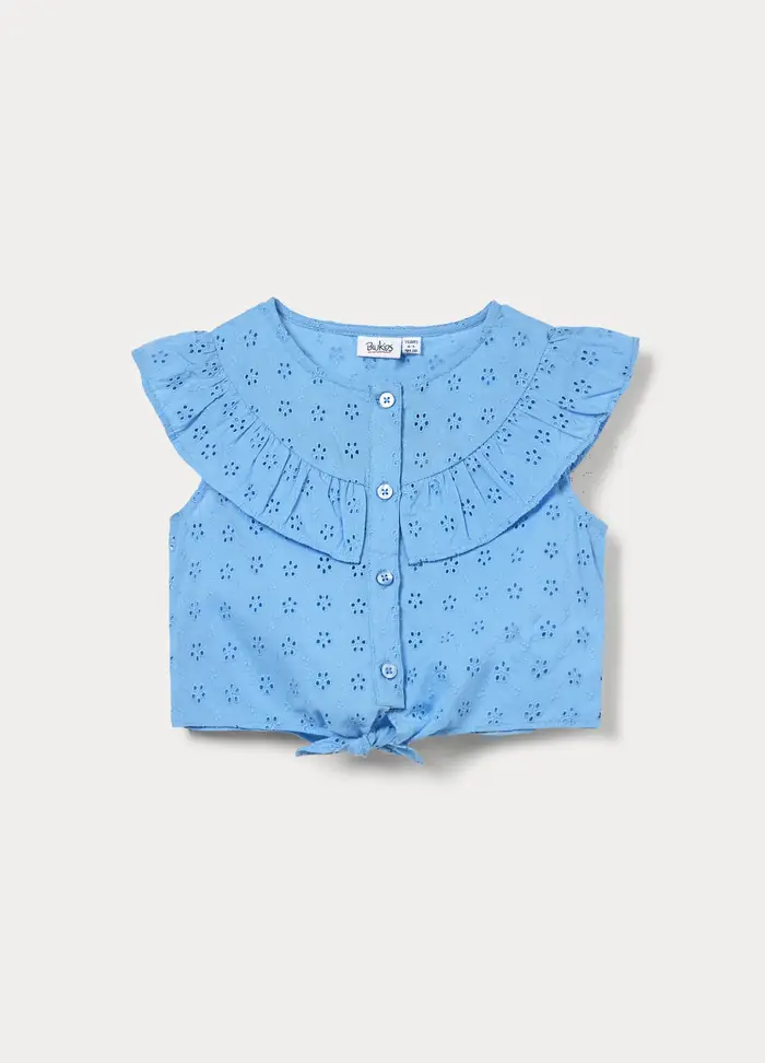 Top In Sangallo Di Puro Cotone Bambina, Azzurro cielo