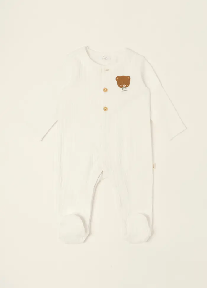 Blukids Tutina Bianca A Coste In Puro Cotone Con Orsetto Da Neonato, Bianco