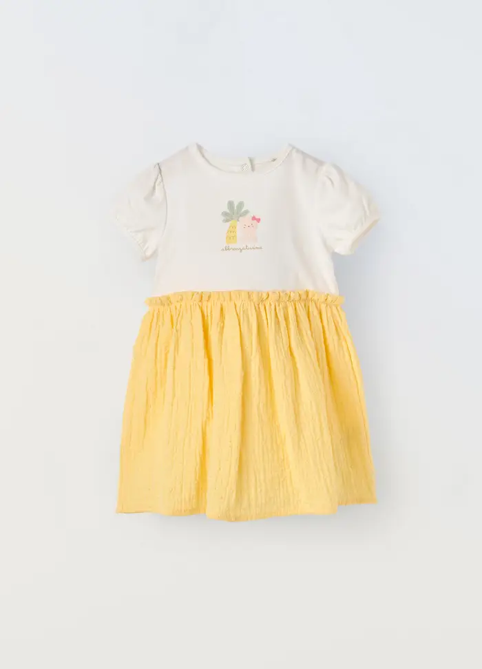Vestito In Jersey Di Cotone Stretch Neonata, Bianco/Giallo