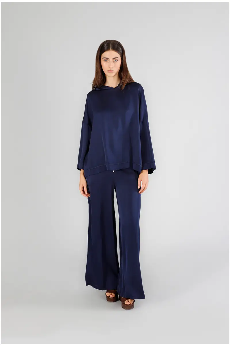 CafèNoir blusa con cappuccio in satin navy