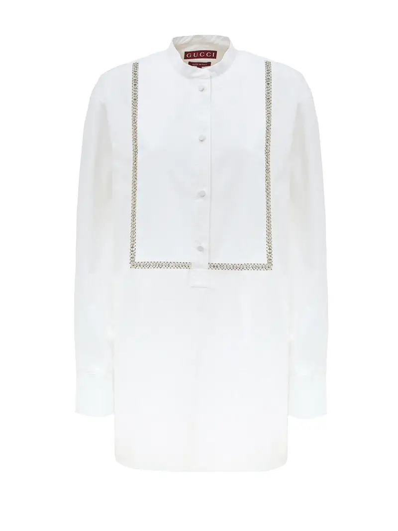 Gucci Blusa in Popeline di Cotone Bianco con Decorazioni in Cristalli