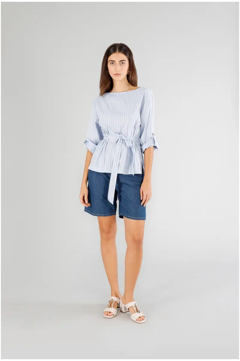 CafèNoir blusa rigata con fusciacca rigato celeste