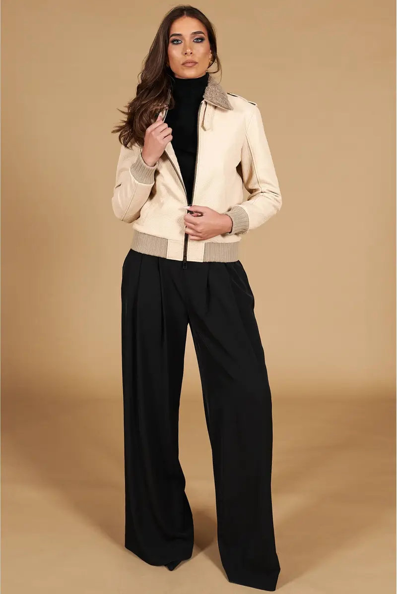 D'Arienzo Bomber aviator in pelle raggrinzita color crema collo montone, Seleziona, Colore Crema