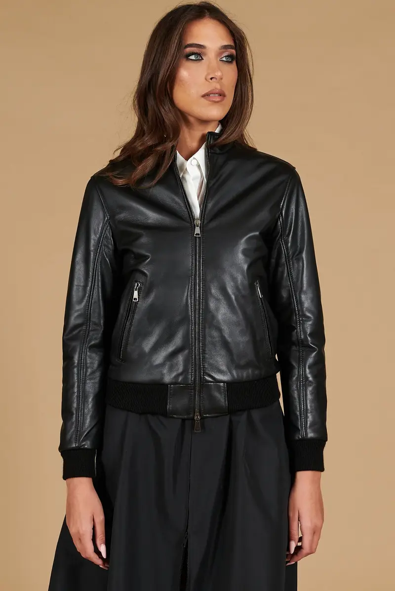 D'Arienzo Bomber in pelle naturale nera effetto liscio collo coreana, Seleziona, Colore Nero