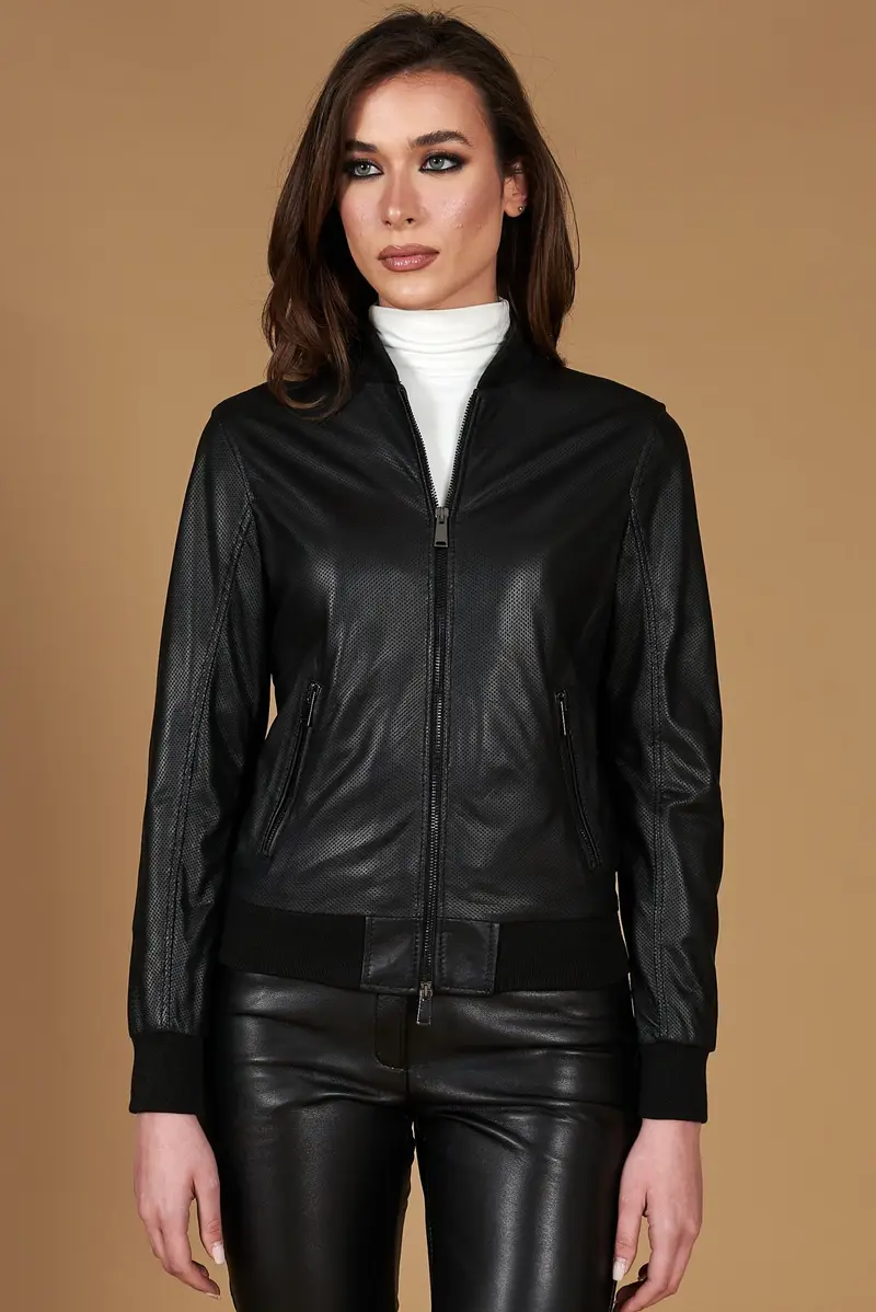 D'Arienzo Bomber in pelle traforata nera nappa effetto liscio, Seleziona, Colore Nero