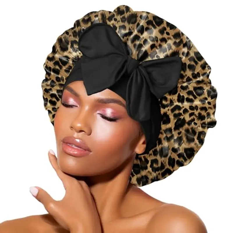 BONNET QUEEN Cuffia Seta Capelli Notte Cofano Satin per Donna Arricciata M Leopardato