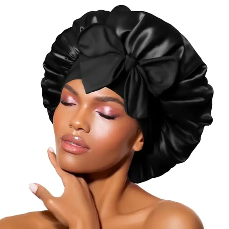 BONNET QUEEN Cuffia Seta Capelli Notte Regolabili Cuffia Capelli Ricci Bonnet con Lacci Lunghi Morbida e Protettiva Anti-Crespo, Nero