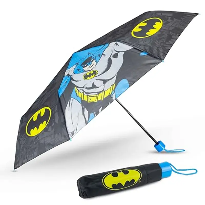 BONNYCO Ombrello Pieghevole Batman Mini Ombrello Antivento Nero con Struttura Rinforzata | Ombrellino Piccolo per Borsa Zaino Viaggio