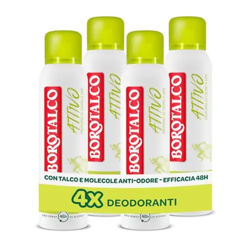Borotalco Deodorante Spray Attivo Giallo, Talco con Molecole Anti-Odore, Efficacia Fresca, 48h efficacia, Senza