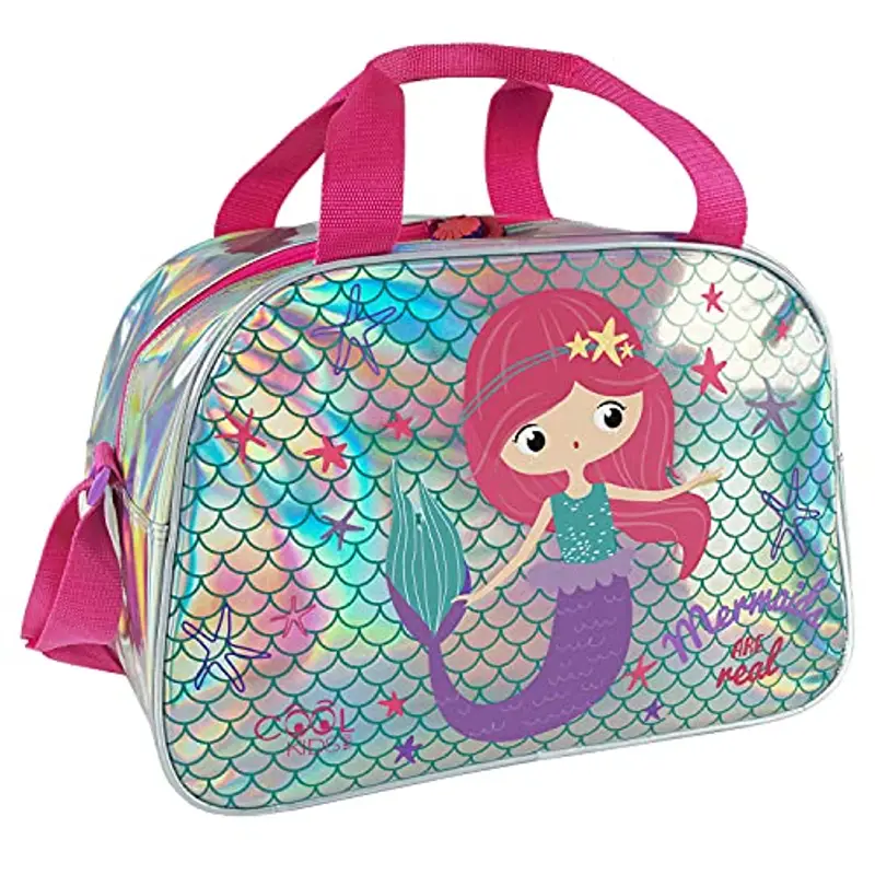 Perletti Borsa Sport Sirena Bimbe Argento Rosa con Tracolla - Borsone Palestra per Bambina Catarifrangente con Stelle - Sacca Sportiva per