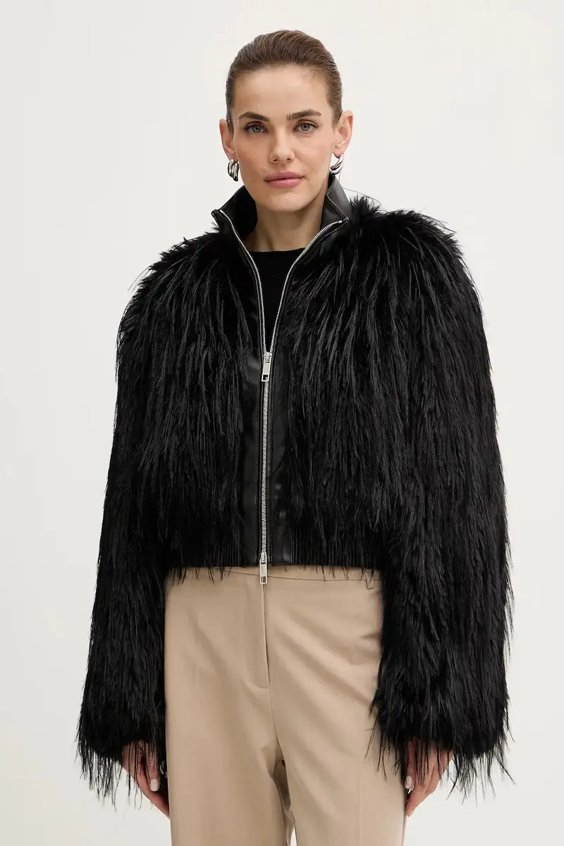 Boss Giacca donna nera in pelle e pelliccia