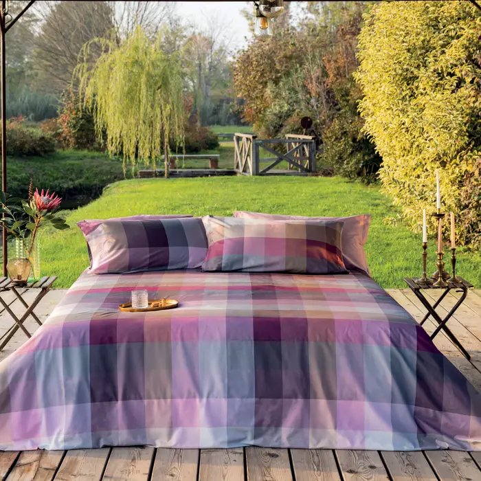 Parure lenzuola Geranium a una piazza in cotone a fanatasia a scacchi rosa e biege 160x290