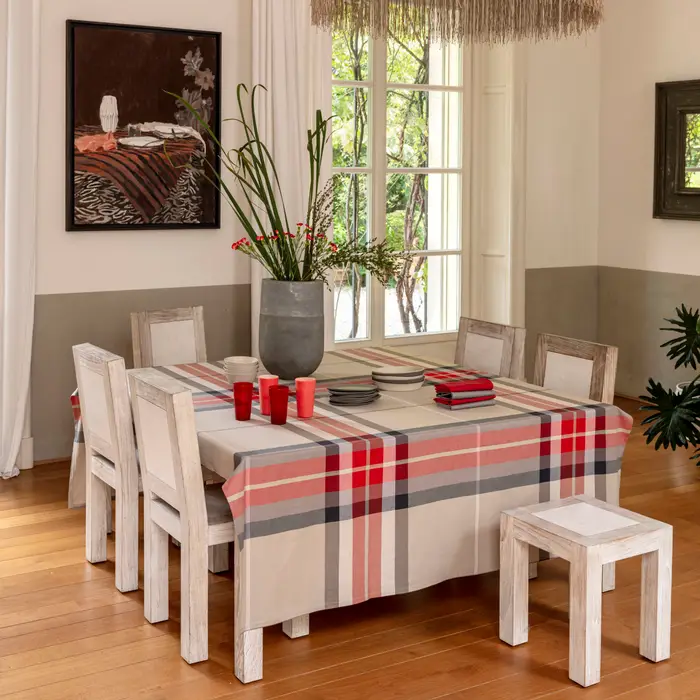 Bossi Tovaglia rettangolare per 12 persone in cotone a fantasia tartan beige rossa e grigia
