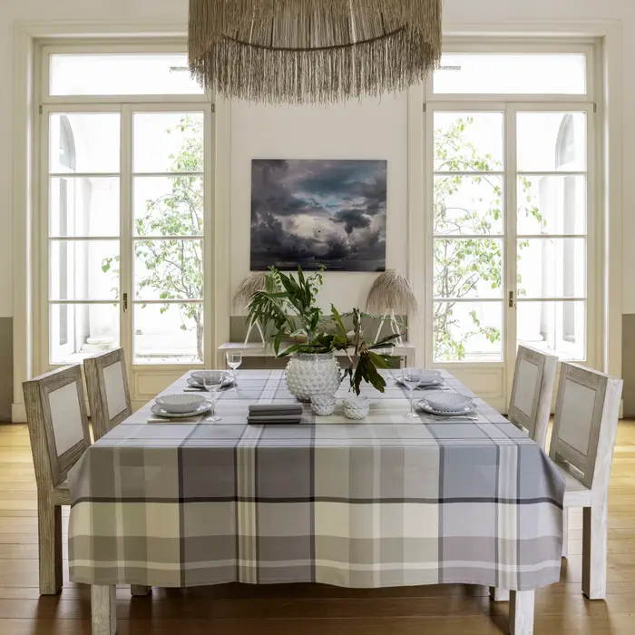 Bossi Tovaglia rettangolare per 12 persone in cotone a fantasia tartan grigia e beige