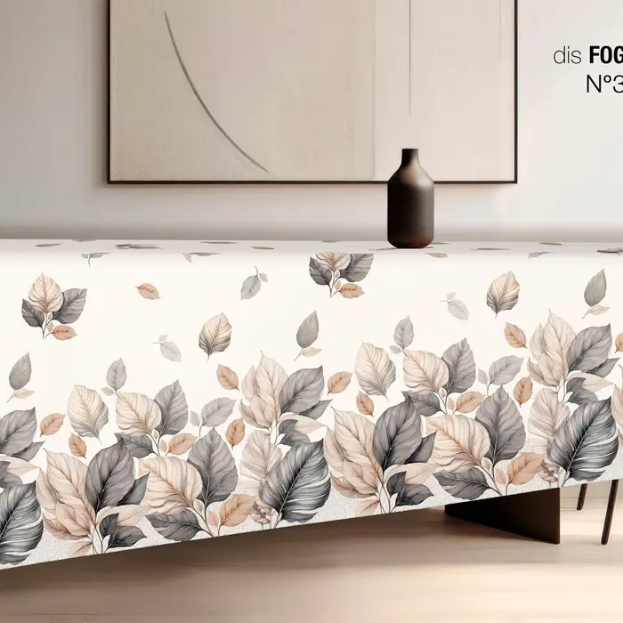Bossi Tovaglia rettangolare per 4 persone in cotone a fantasia foglie grigia e beige