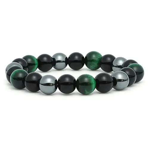 Thajaling Bracciale a tripla protezione, Bracciale in cristallo di ossidiana da 10 mm, Bracciale in pietra con occhio di tigre