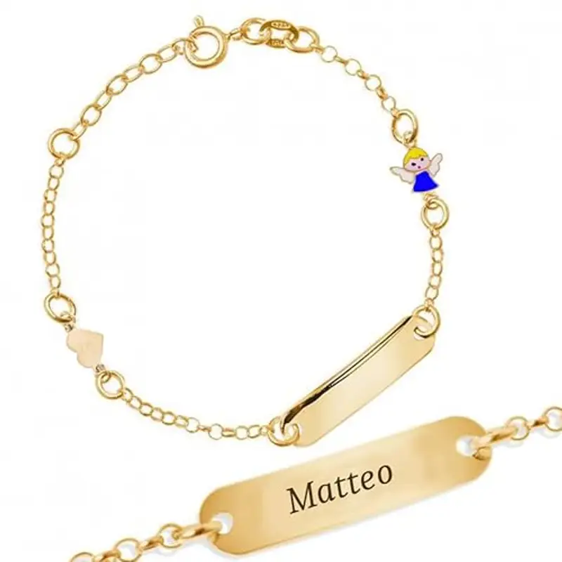 Sakrami Bracciale Argento 925 Bimbo Piastrina Personalizzabile con Nome e Angioletto Smaltato Blu Kids Collection + Confezione Regalo