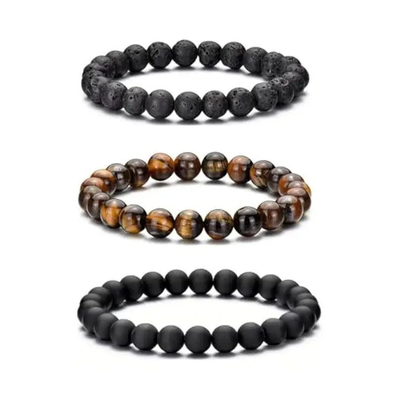 RANKEEF Bracciale Occhio di Tigre 8MM per Uomo e Donna - Set di Braccialetti Elasticizzati in Pietra Lavica e Naturale - Regolabile con