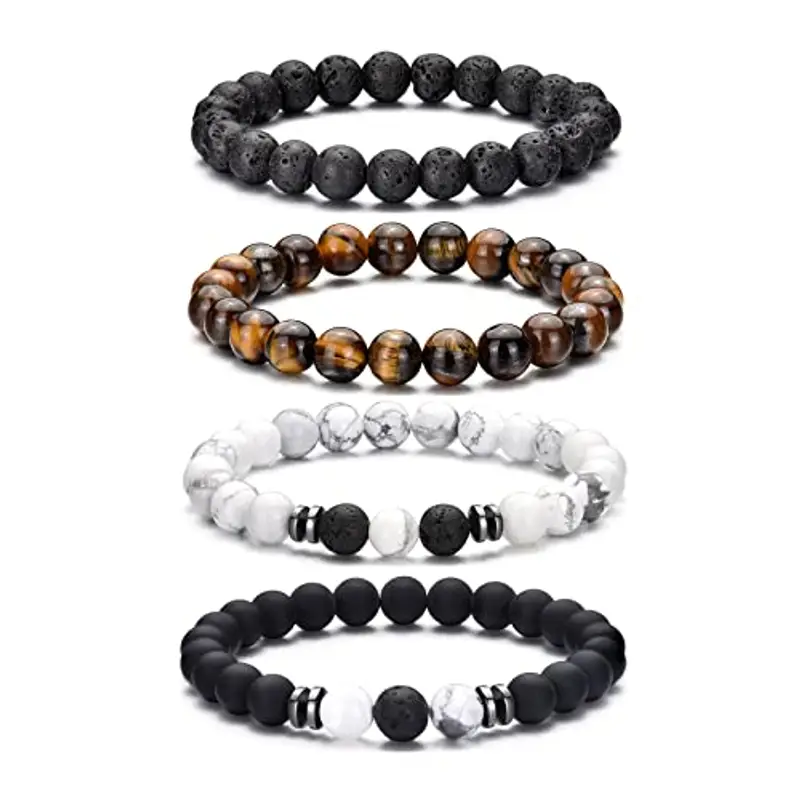 RANKEEF Bracciale Occhio di Tigre per Uomo 8MM Bracciale con Perline in Pietra Naturale Set Braccialetti Elasticizzati in Pietra Lavica