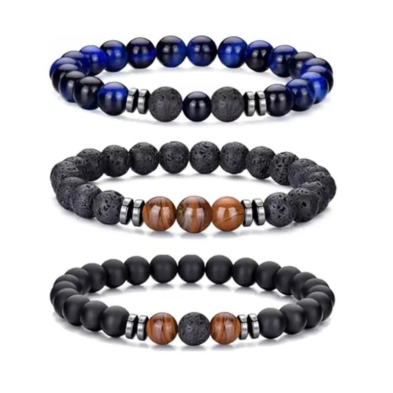 RANKEEF Bracciale Occhio di Tigre per Uomo 8MM Bracciale con Perline in Pietra Naturale Set Braccialetti Elasticizzati in Pietra Lavica