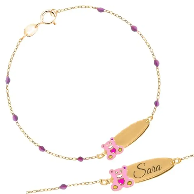 Sakrami Bracciale Rosary in Argento 925 con Orsetto Teddy Smaltato e Piastrina Incidibile per Bambini Kids Collection Regalo